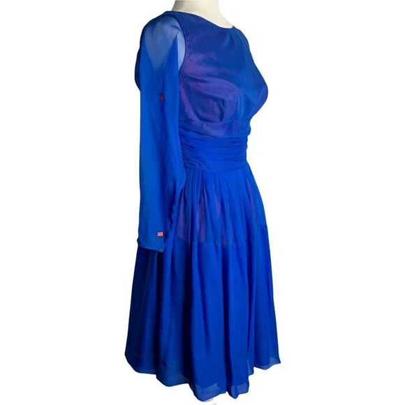 Vintage 50s Chiffon Swing Dress S Blue Long Sleeve Draped Waist Pleated TLC - Picture 4 of 10
